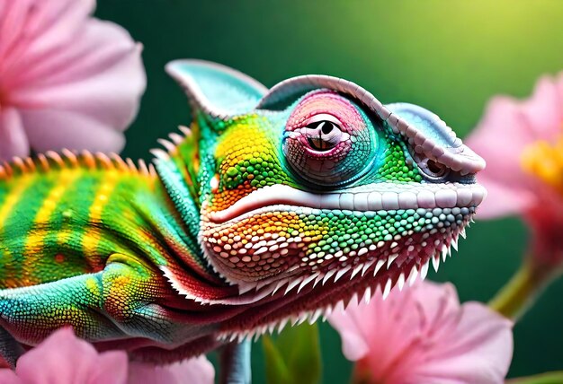 Photo a colorful chameleon with a green background