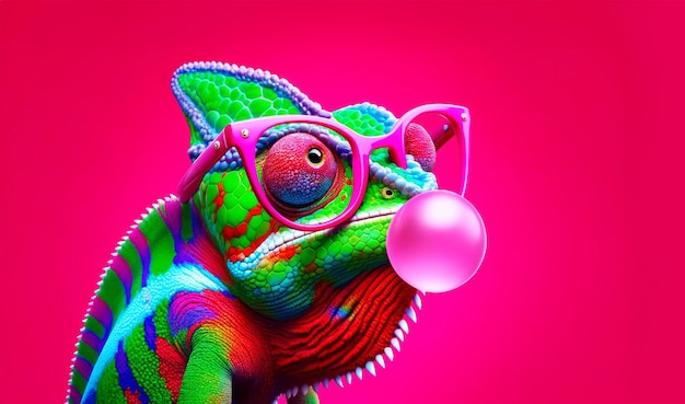 Colorful chameleon with pink glasses blowing bubblegum