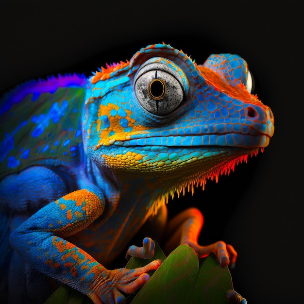 Colorful chamelon lizard sitting on top of leaf Generative AI