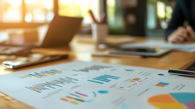 Colorful Charts and Graphs on a Desk with a Pen and Laptop in the Background