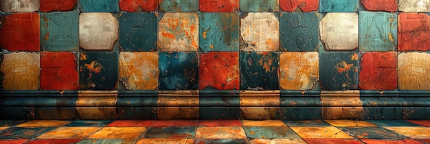 Colorful Checkered Tile Wall and Floor in an Old Building