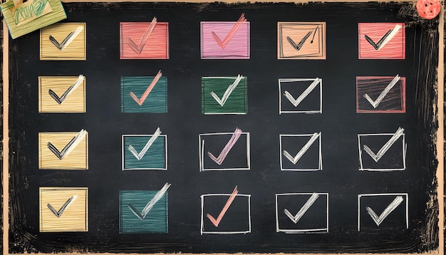 Photo colorful checkmarks on a chalkboard background perfect for illustrating completion tasks or organization in educational content