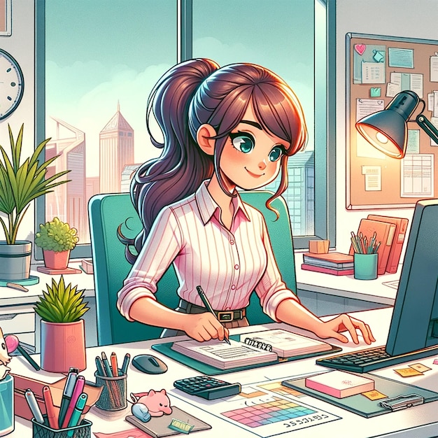 colorful and cheerful cartoon style illustration showing a girl working in an office