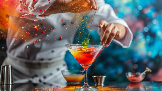 Photo colorful chef mixing cocktail professional culinary artistry