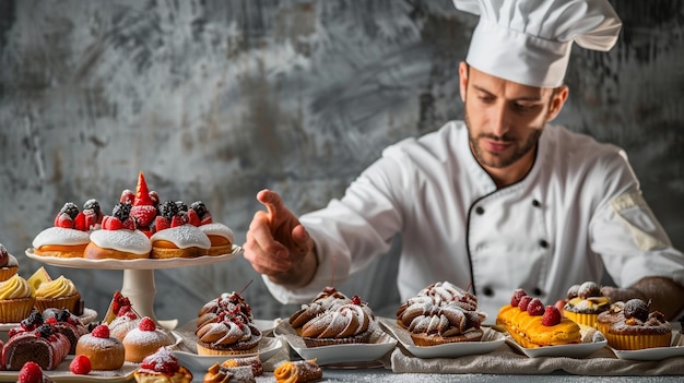 Photo colorful chef with assorted pastries standing at table