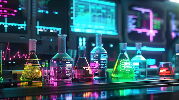 Photo colorful chemical solutions and data in a modern research laboratory