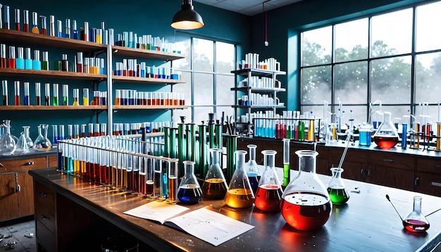 Colorful Chemistry Lab with Glassware and Equipment