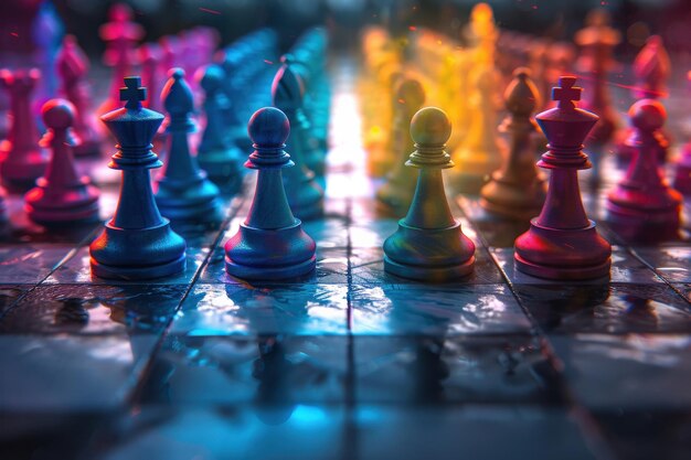 Colorful chess pieces on a board Perfect for strategy game and competition concepts