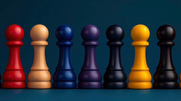 Photo colorful chess pieces in a row on a blue background