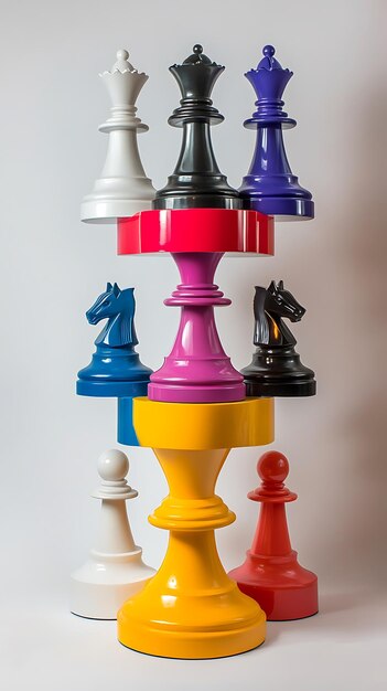 Photo colorful chess pieces stacked in a tower strategy and teamwork concept