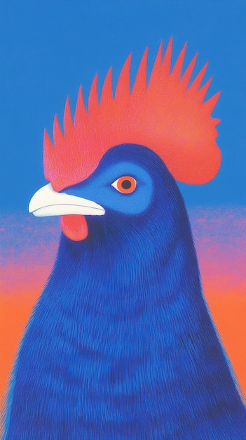 A colorful chicken exuding personality against a dynamic background