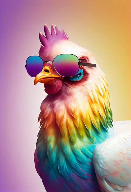 A colorful chicken with sunglasses on its head