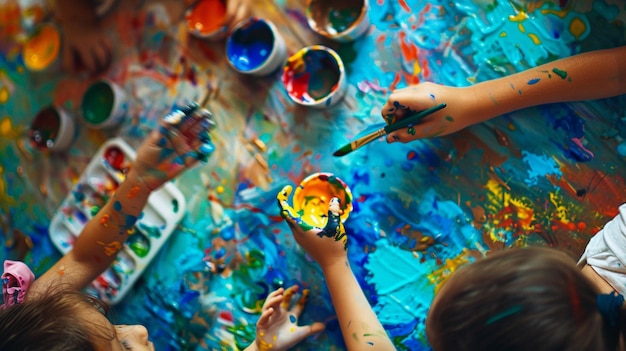 Colorful Children Painting Together on Wall Creative Art Class Scene