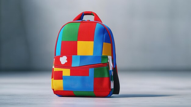 Photo colorful children39s backpack with patchwork design displayed indoors on a simple background