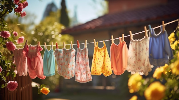 Colorful children39s clothes are dried on the clothesline in the garden outside in the sun