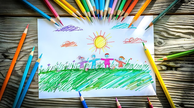 Photo colorful childs drawing of a family in a sunny landscape concept of childhood art family bonding kids drawing on a sheet of paper