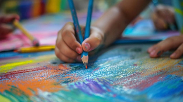 Colorful Childs Drawing Happy and Focused CloseUp of Hands Holding Pencil