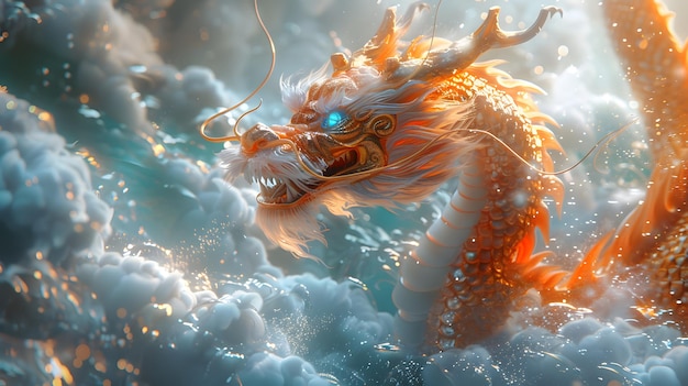 A colorful Chinese brush painting of a highly detailed colorful Chinese dragon baring its fangs Fly among beautiful clouds Below the picture is a blue sea The light hits the waves and sparkles