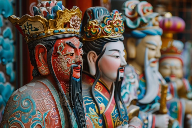 Colorful chinese deity statues in traditional attire