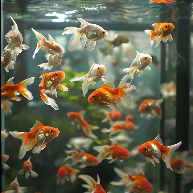 Photo colorful chinese goldfish gracefully swim in glass tank