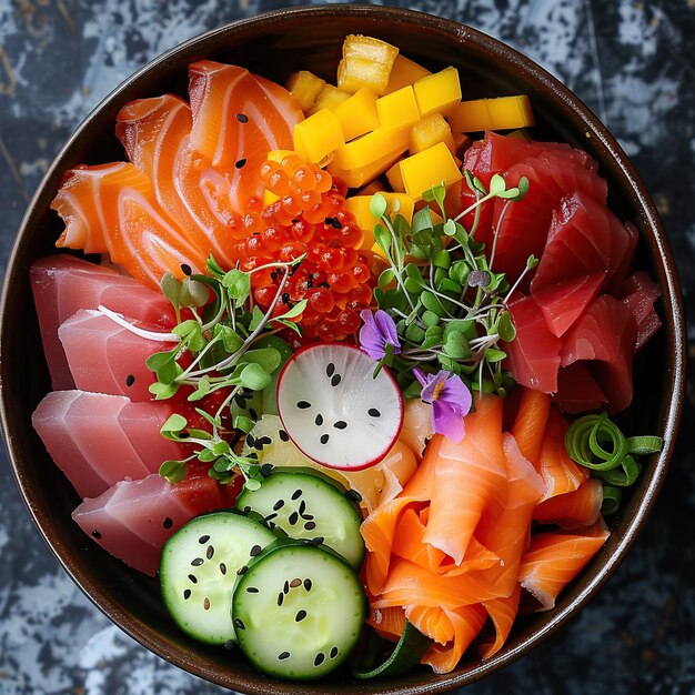 Photo colorful chirashi sushi bowl with sliced fish and vegetables