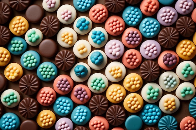 Colorful chocolate candies are arranged in pattern Generative AI