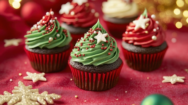 Photo colorful christmas cupcakes with vibrant frosting and festive decorations on a holiday tablecloth