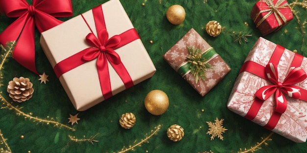 Colorful Christmas gifts arranged on a vibrant green background