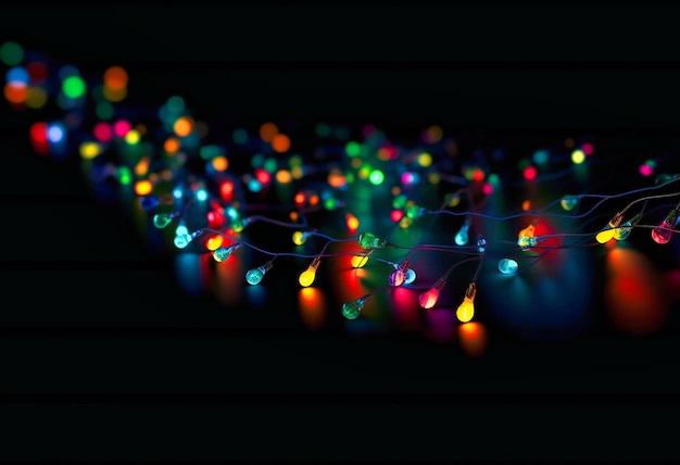 Colorful christmas lights strung on dark blue background