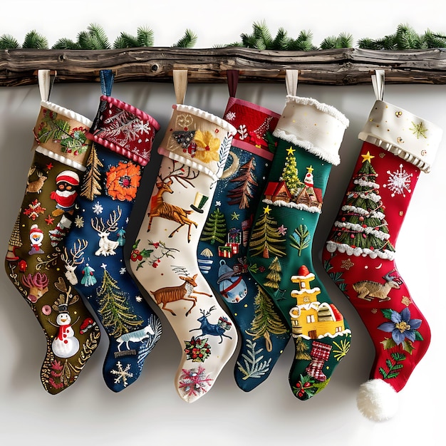 Colorful Christmas Stockings Hanging on a Wooden Log