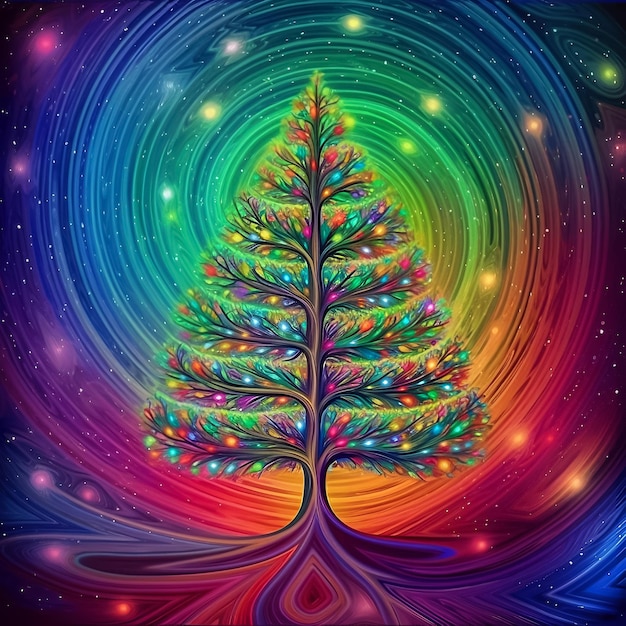 A colorful christmas tree with a rainbow background.