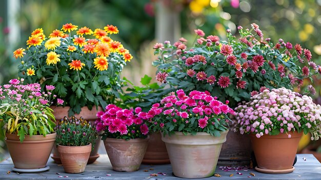 Colorful chrysanthemums in pots on the wooden background