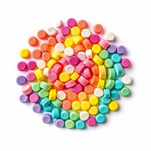 A colorful circle of candy is on a white background.