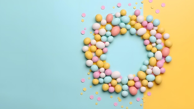 A colorful circle of candy sits on a blue and yellow background.