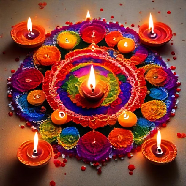 a colorful circle of flowers with a candle in the middle