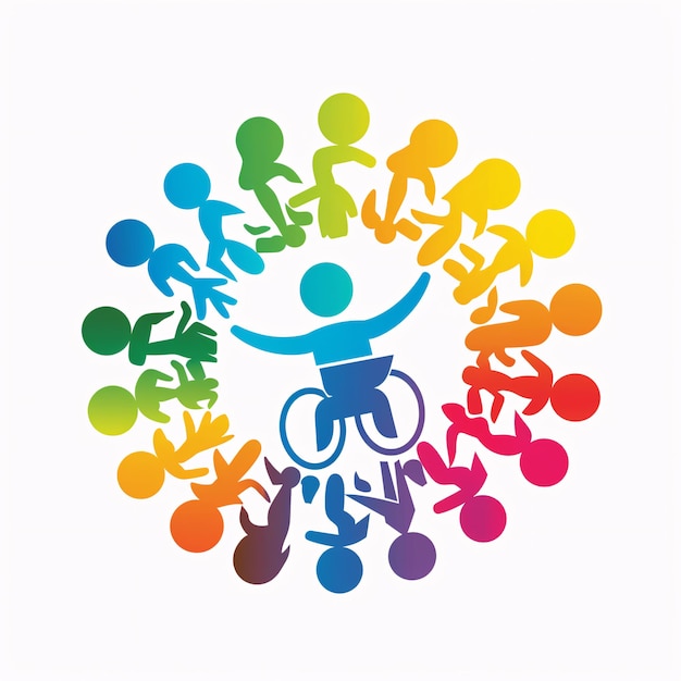 A colorful circle of people with a man in a wheelchair in the center