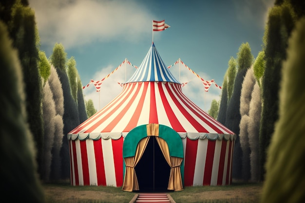 Colorful circus striped tent against the background of the summer sky Generative AI