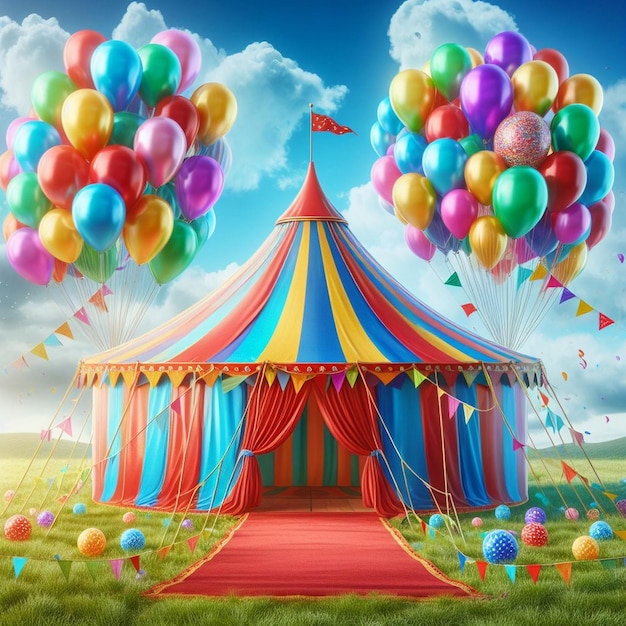 a colorful circus tent with balloons and a flag flying above it