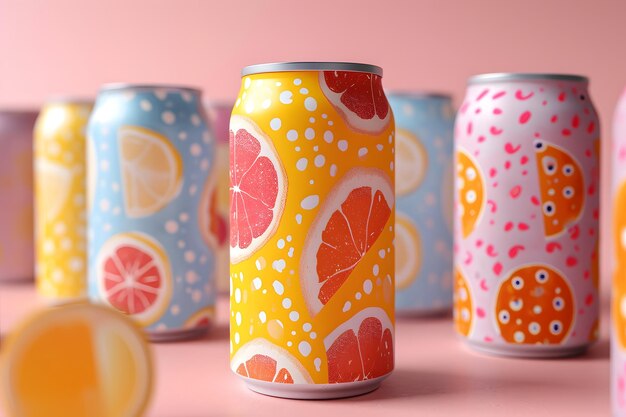 Photo colorful citrus beverage cans on pink background