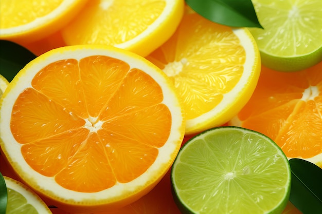 Colorful citrus fruis food background top view Mix of different whole and sliced fruits orange grapefruit lemon lime and other with leaves