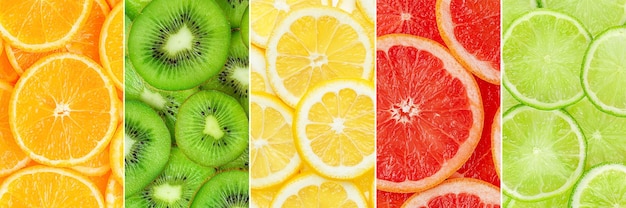 Colorful citrus fruit slices collage Top view close up