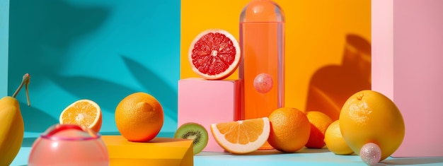 Colorful citrus still life with vibrant backgrounds and sliced fruits