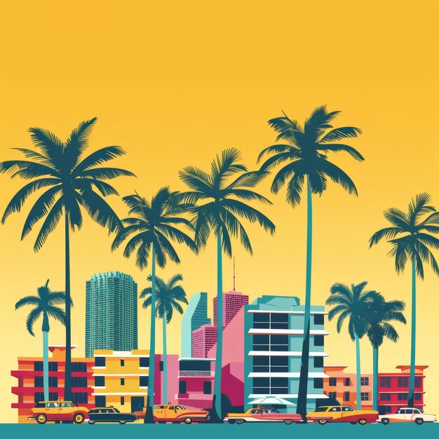 Photo a colorful city scene with palm trees and buildings