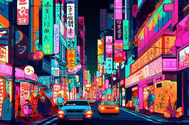 A colorful city street with a neon sign that says'neon'on it