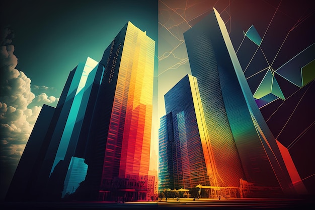 A colorful city with a black and yellow background and a building with a rainbow on the bottom.