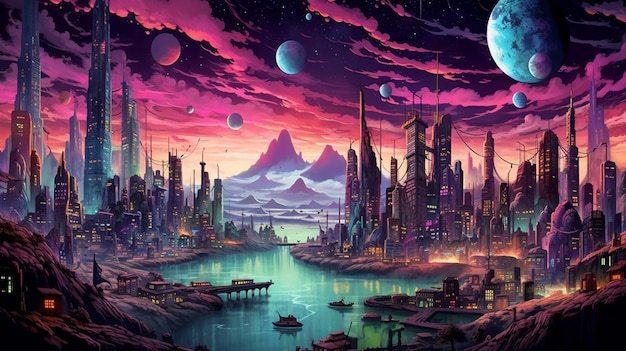 A colorful city with a purple sky and a planet in the background.