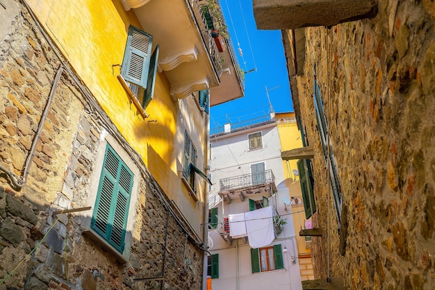 Colorful cityscape of buildings over Mediterranean sea Europe Cinque Terre in Italy