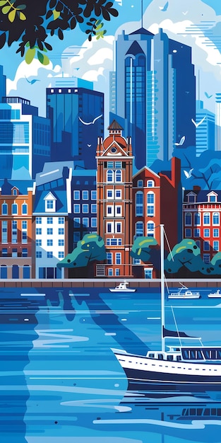 Colorful Cityscape Illustration With Buildings and Boats