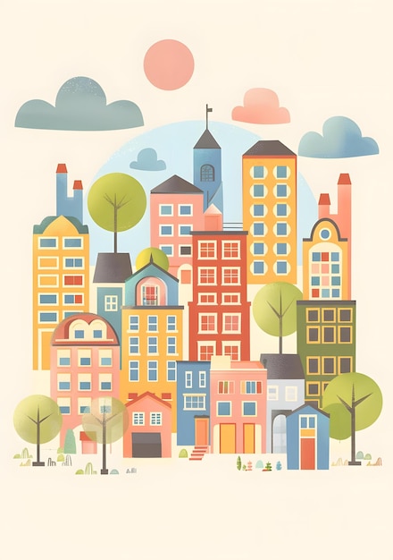 Colorful Cityscape Illustration With Buildings and Trees