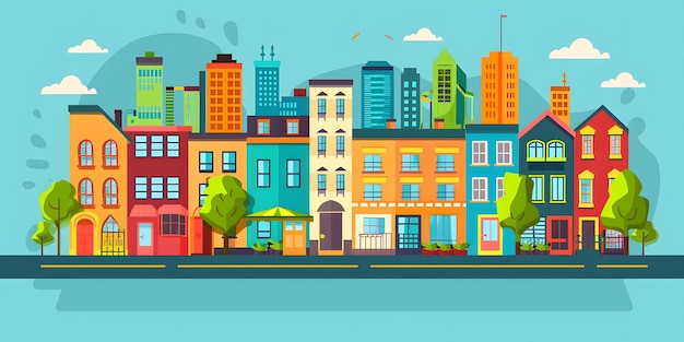 Colorful Cityscape Illustration with Buildings and Trees